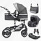 3 in 1 Kombi-Kinderwagen inkl. Babyschale, Buggy, Jogger mit Wickeltasche, Moskitonetz, Regencover, Spieltisch, Autoschale Fußsack, QuickFold, Aluminiumrahmen (Silber - anthrazit/anthrazit)