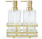 Square Glass Clear Lotion and Soap Pump Dispenser Set with Metal Stand Caddy for Bathroom Bath Kitchen Home Office Travel Hotel Hand Crafted Heavy Weight (Brushed Gold)
