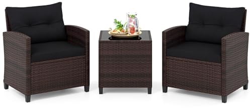 COSTWAY Conjunto Jardin Exterior de Ratán 3 Piezas, 1 Mesa Auxiliar de Vidrio Templado y 2 Sillas con Cojines, Muebles Jardin Terraza Balcon Exterior(Negro)