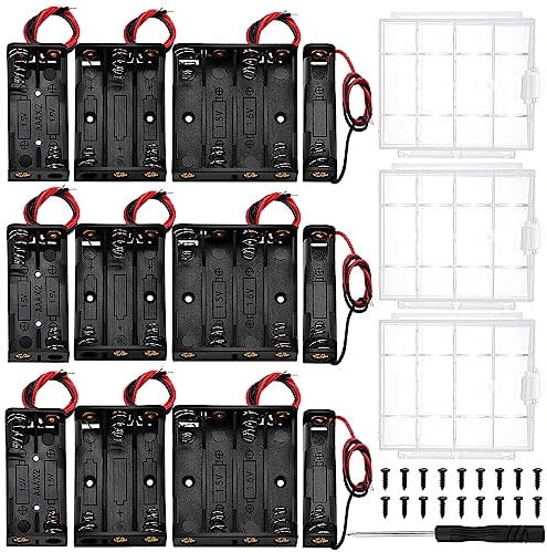 12 PCS AAA Battery Holder Sets, KUOQIY 1/2/3/4 x 1.5V AAA Battery Holder Case with Wire Leads, with 3 PCS Plastic Battery Storage Box & Screwdriver & Screws