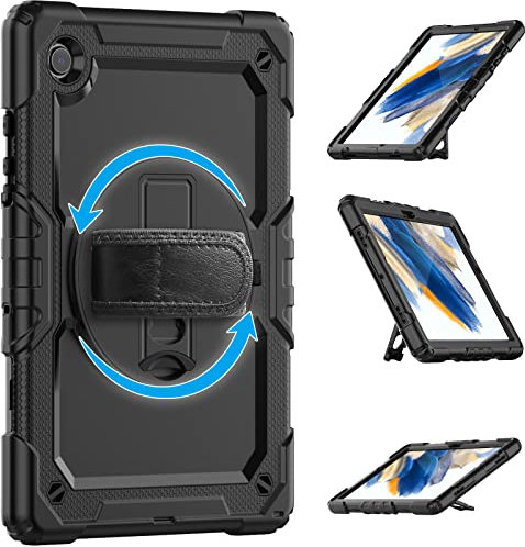 Fonetek for Samsung Galaxy Tab A8 10.5 Inch (SM-X200 /X205 /X207) 360 Rotating Hand Strap Shockproof Protective Case Cover with Kick Stand