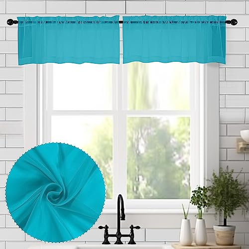 Chyhomenyc Durchsichtige Volants für Fenster, 106 x 35,6 cm, kleiner Volant für Wohnzimmer, Schlafzimmer, Arbeitszimmer, Wäsche, Keller, Stangentasche, Voile-Volant, Türkis, 2 Stück