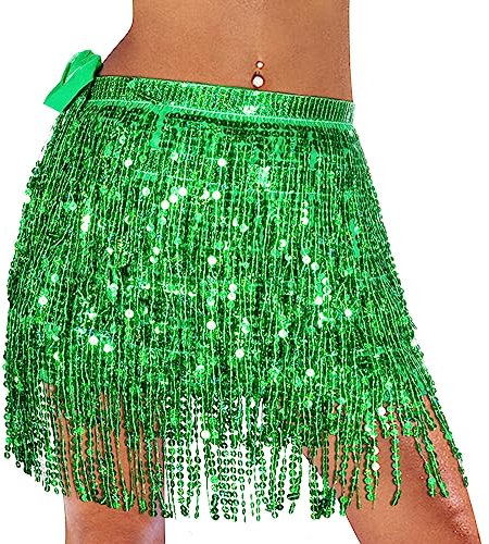 Monbessi Glitzer Rock Damen Pailletten Rock Stilvoll Glitzer Rock Karneval Fransen Rock (Grün)