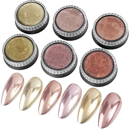 GJNL Rose Gold Nail Powder - 6 Jars Metallic Mirror Nail Effect Pigment Multi-chrome Gold Nail Powder