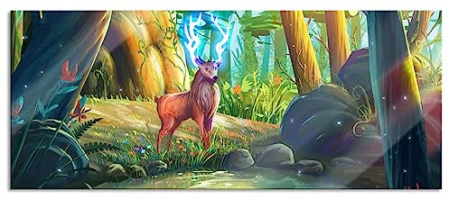 Pixxprint Glasbild Panorama, Wandbild aus Echtglas, Märchenhafter Hirsch an buntem Waldsee, 100x40 cm, inkl. Aufhängung und Abstandshalter