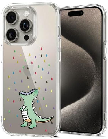 Unov Case Compatible with iPhone 15 Pro Case Clear with Pattern Slim Protective Soft TPU Bumper Embossed Design 6.1 Inch (Rainbow Dinosaur)