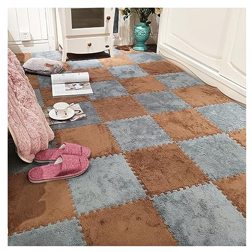 12 Stück – Plüsch-Puzzle-Schaum-Bodenmatte – Ineinandergreifende Teppichfliesen – Flauschige Puzzle-Matten, Quadratische Teppiche, 30 X 30 cm Große Schaumstoff-Bodenfliesen(Color:Kaffee+Grau)