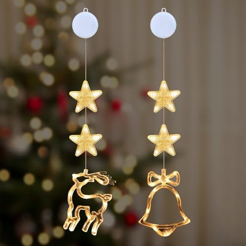 2 Stück Fenster Weihnachtsbeleuchtung Edel, Fensterlicht Weihnachten Batterie Bunt LED, Leuchtstern Fenster Saugnapf 3D, Weihnachtsdeko Amerikanisch Beleuchtet Aufhängen Warmweiß (Glocke/Rentier)