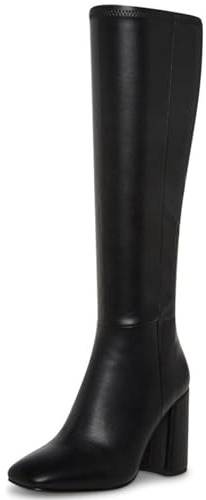 SOVANYOU Black Knee High Boots Leather Tall Black Boots for Women Chunky Heeled Long Boot Square Toe Go-Go Boot