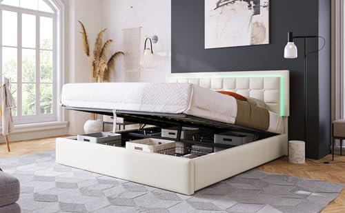 KnSam Polsterbett mit Lattenrost und Stauraum Doppelbett inkl. Sleiste Bettgestell 140x200cm, Stauraumbett Funktionsbett Bezug aus Kunster Weiß