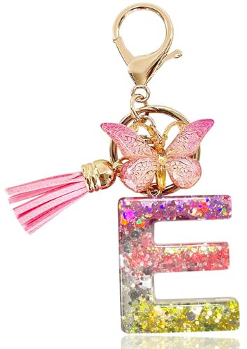 Yanmucy Buchstaben Schlüsselanhänger Mädchen Ringe Lila Niedlich Schlüsselanhänger Glitzer mit Schmetterling Quasten Harz Keychain Aesthetic für Tasche Charme Frauen Mädchen Tasche Dec (E)