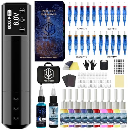 POSEIDON Wireless Rotary Tattoo Machine Kit with 20 Tattoo Cartridge Needles & Ink Set | Professional Portable Tattoo Gun for Beginners | Complete Starter Supplies (HM125）