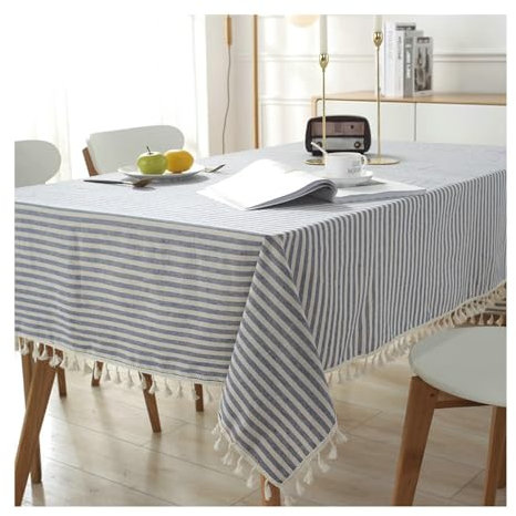 Tischtuch Quadratisch, Tischtuch 140x140CM Polyester Tischdecke Abwaschbar Waschbar Streifen mit Quasten Tischdecken für Küchentisch, Blau