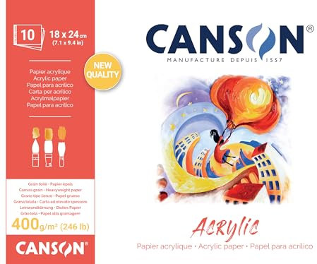 CANSON Acrylic - Bloc 10 feuilles de papier acrylique blanc grain toilé - 18 x 24 cm - 400g/m²