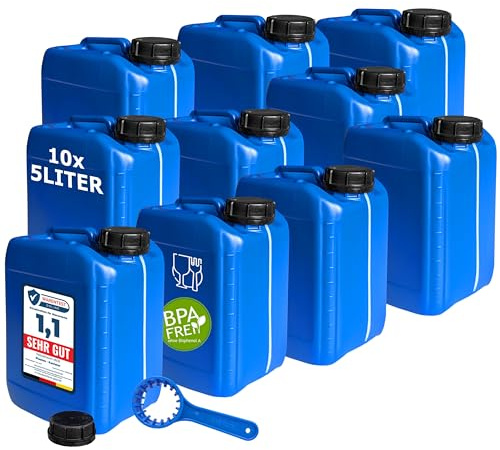 plasteo® Lot de 10 bidons de 5 litres avec fermeture de sécurité (DIN 51) Duo 51/61 - Convient à un usage alimentaire - Portable, empilable et stable - Qualité lourde - Pour l'intérieur et l'extérieur