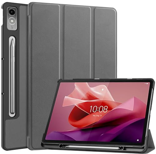 Vakarey für Lenovo Tab P12 Hülle Mit Stifthalter,Slim Smart Schutzhülle für Lenovo Tab P12 12.7 Zoll Hülle,Grau