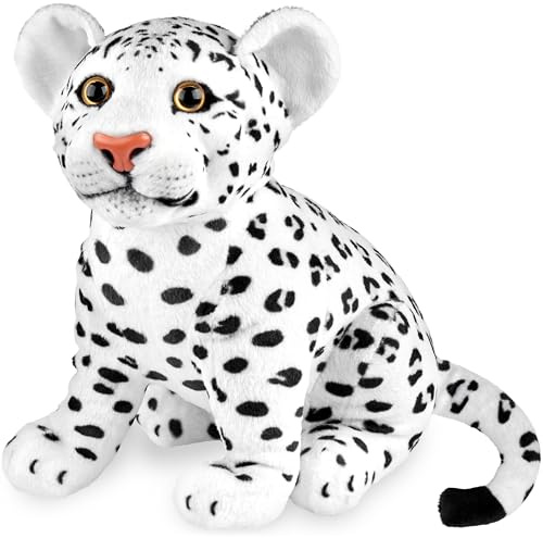 BRUBAKER Leopard Kuscheltier - 30 cm Stofftier - Baby Plüschtier Raubkatze Sitzend - Kinder Plüsch Spielzeug - Weiß