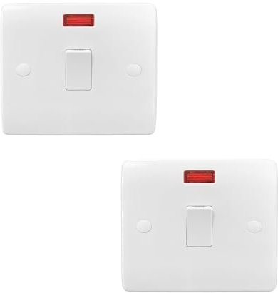 Pack of 2,20A Double Pole Switch With Neon White Round Corners Heat resistant urea front plate & urea moulded back base, copper terminals & zinc plated earth bar