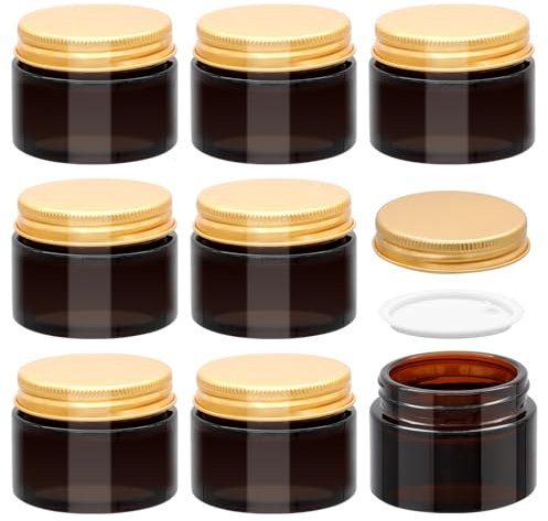 Acetiti 8 Pcs Pots Vide Cosmétiques, 50ml Pots Verre Ambre Contenants Cosmétiques avec couvercle à vis en Aluminium et doublures, Pots de voyage Bouteilles en verre pour Crèmes Lotions