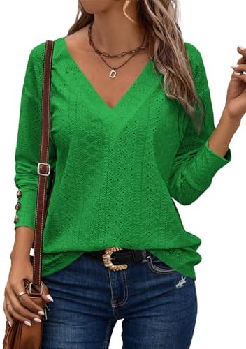 Dokotoo Women's Tops Long Sleeve V Neck Dressy Casual Women Blouse Hollow Out Lace Embroidered Ladies Top Shirt Chic Buttons Cuffs Womens Blouses Shirts Bright Green UK 2XL