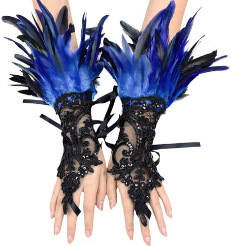 YOUYIKE Spitze Feder Handschuhe, Feder Manschetten, Maleficent Kostüm, Netzhandschuhe Karneval Kostüme, Dekorative Federärmel für Halloween, Cosplay, Gotische Kleiderparty(Königsblau)