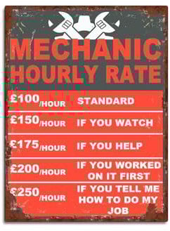 Mechanic Hourly Rate Funny Garage Sign Theme Retro style metal tin sign/plaque (10 x 8)