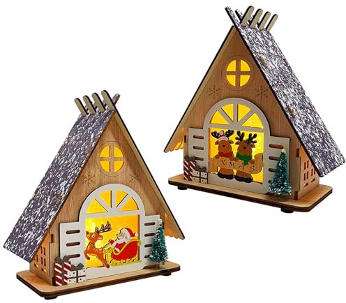 2 decorazioni natalizie per interni, decorazioni natalizie, in legno, decorazione natalizia, decorazione natalizia, decorazione natalizia, per interni e villaggio di Natale con illuminazione