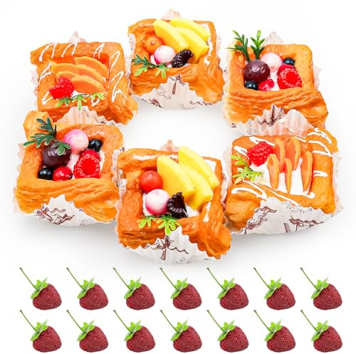 Kepfire 20 Stück künstliche Cupcake-Dekor-Set + künstliche Erdbeeren Kunstbrot Simulation realistische Obst Lebensmittel Dessert für Display Party lebensechte Gebäck Kuchen
