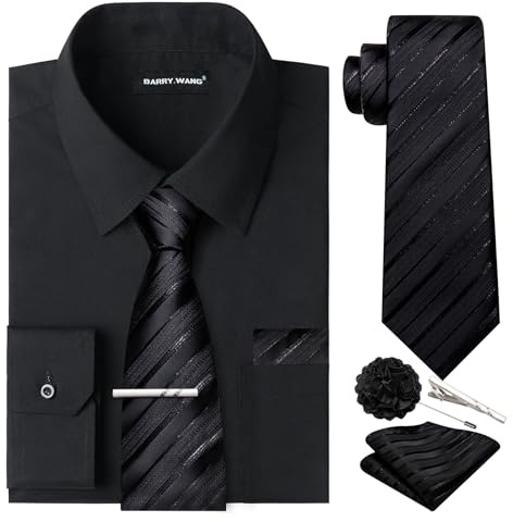 Barry.Wang Solid Colors Mens Dress Shirt and Tie Set Formal Business Wedding Shirts Long Sleeve Button Down Casual 6PCS Black