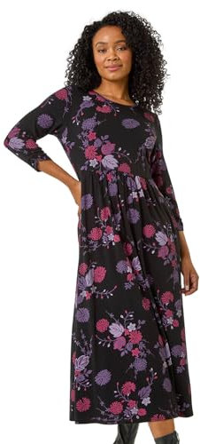 Roman Originals Midi Dress with Pockets for Women UK Ladies Stretchy Jersey Maxi Long 3/4 Length Sleeve Gathered High Waist Boho Flattering Skater Swing Fit Flare - Petite Purple Noir - Size 14