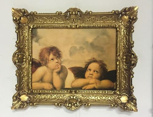 Gerahmte Gemälde RAFFAEL ENGELS Bild mit Rahmen Barock 56x46 Schutzengel Raphael Engelpaar Wandbild Wohnzimmerbild Schutzengel Raphael Engel Die Engel der Sixtina Raffaels Gemälde