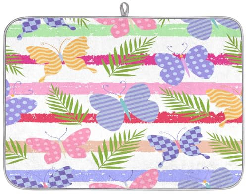 Tapete absorbente de secado de platos con diseño de mariposas de rayas coloridas para encimera de cocina, 18 x 24 pulgadas, tapete escurridor de platos de microfibra de secado rápido