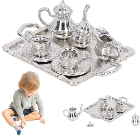 Mini Tazas de té, Mini Juego de té, Metal 1/12 Juego de té en Miniatura, patrón Vintage Juego de té pequeño, Kit de Bandeja de Tazas de té Decorativas para muñecas Mini casa Adorno