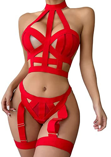 BMKKTOP Dessous Set sexy Sleepwear tiefer Rose Schleifen Dessous Body Strapshalter Slip hosenträger sexy Lingerie fischnetz Spitzen Body Damen schwarz offener BH
