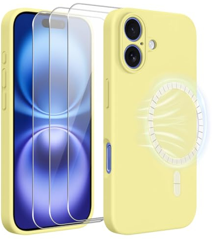 jrester Magnetische Hülle für iPhone 16 mit 3X gehärtetem Glas-Bildschirmschutz | Weiche Flüssigsilikon-Schutzhülle für iPhone 16 6.1 - Gelb