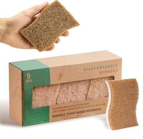 Esponja de Cocina Biodegradable - Paquete 9 Unidades - Celulosa 100% Compostable para Platos - Reutilizable y Ecológica