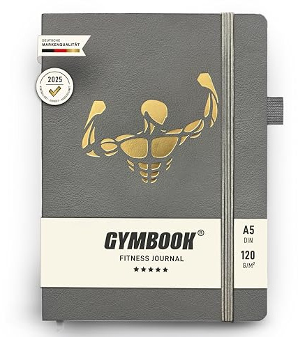 GYMBOOK® Fitness Journal - Hochwertiges Trainings-Tagebuch, Workout-Notizbuch & Logbuch für Frauen & Männer. Handlich in A5 (GREY)