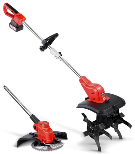 2-IN-1 AKKu Gartenfräse und Rasentrimmer mit 4000mAh Li-Ion-Akku, 2-IN-1 Akku Bodenhacke mit 5 Klingentypen und Unkrautbürste, Akku Motorhacke für Klein Beet & Garten