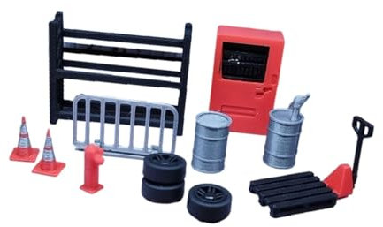 Fenteer 1/64 Scale Diorama Garage Accessories Model Workshop Traffic Cones Tires Scene Model Hand Trailer Maintenance Tools Auto Shop