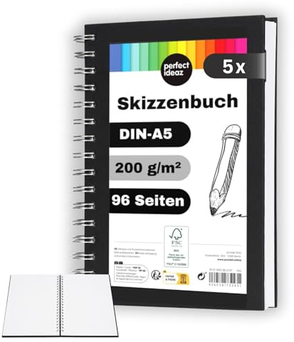 perfect ideaz - Skizzenbuch DIN-A5, Spiralbindung, FSC® zertifiziert, 96 Seite (48 Blatt), Hardcover Schwarz, Sketchbook, 200 g/m² dickes Papier, säurefrei (5 Skizzenbücher)