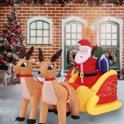 OHMG 220 cm Babbo Natale gonfiabile con slitta e renna con 5 luci LED integrate, autogonfiante elettrico, decorazione natalizia per interni ed esterni, impermeabile, per prato giardino