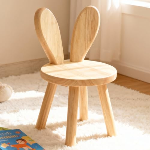 CEWROM Massivholz-Ständerhocker, individuelle Hasenohren-Form, kinderzimmer Kinder Stuhl mit Hasenohren Rückenlehne, runde Holz-Kindermöbel zum Essen, Lesen und Spielen