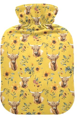 Highland Cow Sunflower Hot Water Bottle with Velvet Cover Hot Water Bag for Pain Relief 1L, Neck Cramps Shoulders Pain Relief, Hot Cold Pack