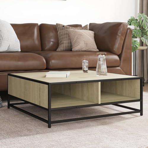 Yisssmeng Couchtisch 80x80x30 cm Sonoma-Eiche mit Metallgestell Modernes Industrial-Design Kleiner Wohnzimmertisch mit Stauraum für Sofa Ecke Livingroom Bedroom