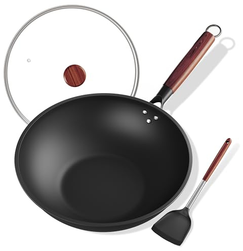 Frskalet 13-Inch/33cm Wok Non Stick with Glass Cove, Carbon Steel Wok for 3-6 People, Non-Stick Surface Chinese Wok Cooking for Induction/Electric/Gas Stoves