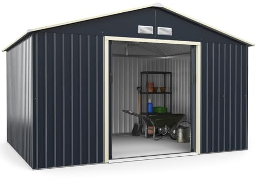 Abri de Jardin en métal 340 x 255 x 210 cm sécurisé 2 Portes coulissantes Style Industriel en tôle d’Acier Gris 20_0020795