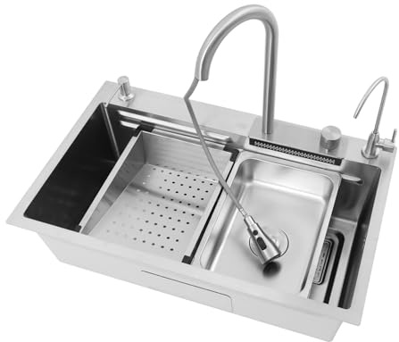 75x46x22cm Wasserfall-Küchenspüle 1 Becken Multifunktion Waschbecken aus 304 Edelstahl mit ausziehbarer Kalt-/Warmwasser-Armatur Abtropfkorb Schneidebrett & Wasserfilter Spülbecken Set (Silber)
