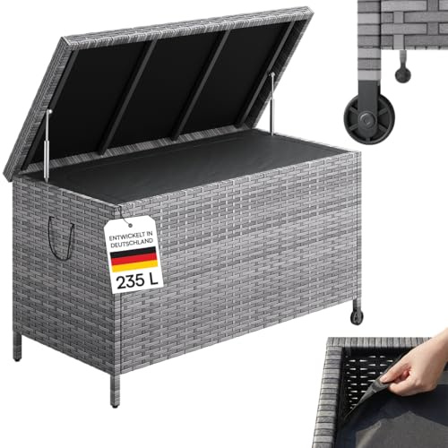STEELSØN Serion Gartenbox 110 cm breit, mit Rollen, Grau, wetterfest | Montessori Kindermöbel Set, 2in1 Kinderhocker & Beistelltisch, multifunktionale Sitzgruppe, Kindertisch mit Kinderstuhl, Holz