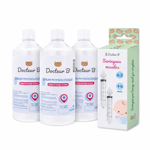 Sérum Physiologique 3 x 1L Docteur B + 2 Seringues Nasales Offertes | Lavage Nez & Yeux Bébé, Enfant & Adulte | Solution Saline Stérile
