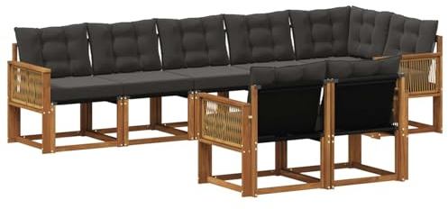 vidaXL Outdoor-Sofagarnitur mit Kissen 8 pcs Natürlich und Schwarz, Garten Loungemöbel, modernes Ecksofa, robust Sitzgruppe, Terrassenmöbel für Komfort